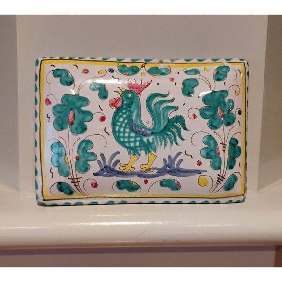 Vintage Italian Deruta Pottery Ceramic Rooster Trinket Box w/Lid Hand Painted - Picture 5 of 12